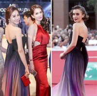 Linh Chi mặc đầm nhái Elie Saab tại Hàn Quốc