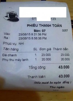 Xuất hiện hoá đơn của quán cafe phụ thu 20.000 đồng phí… ngồi máy lạnh