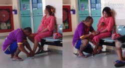 Hình ảnh anh chồng xăm trổ cắt móng chân cho vợ trước phòng khám thai gây bão mạng