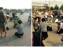 Bất ngờ cảnh sát quỳ giữa đường giải thích luật an toàn giao thông