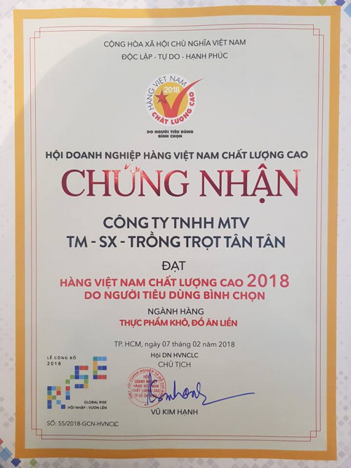 Công ty Tân Tân đạt chứng nhận hàng Việt Nam chất lượng cao