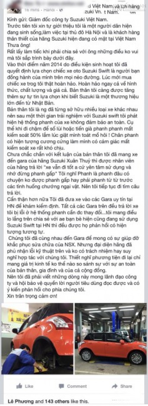 Có hay không việc Suzuki Swift Việt Nam lỗi chân phanh