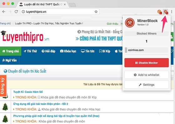 Trang web c&oacute; ch&egrave;n script để đ&agrave;o Bitcoin bị tiện &iacute;ch minerBlock chặn lại